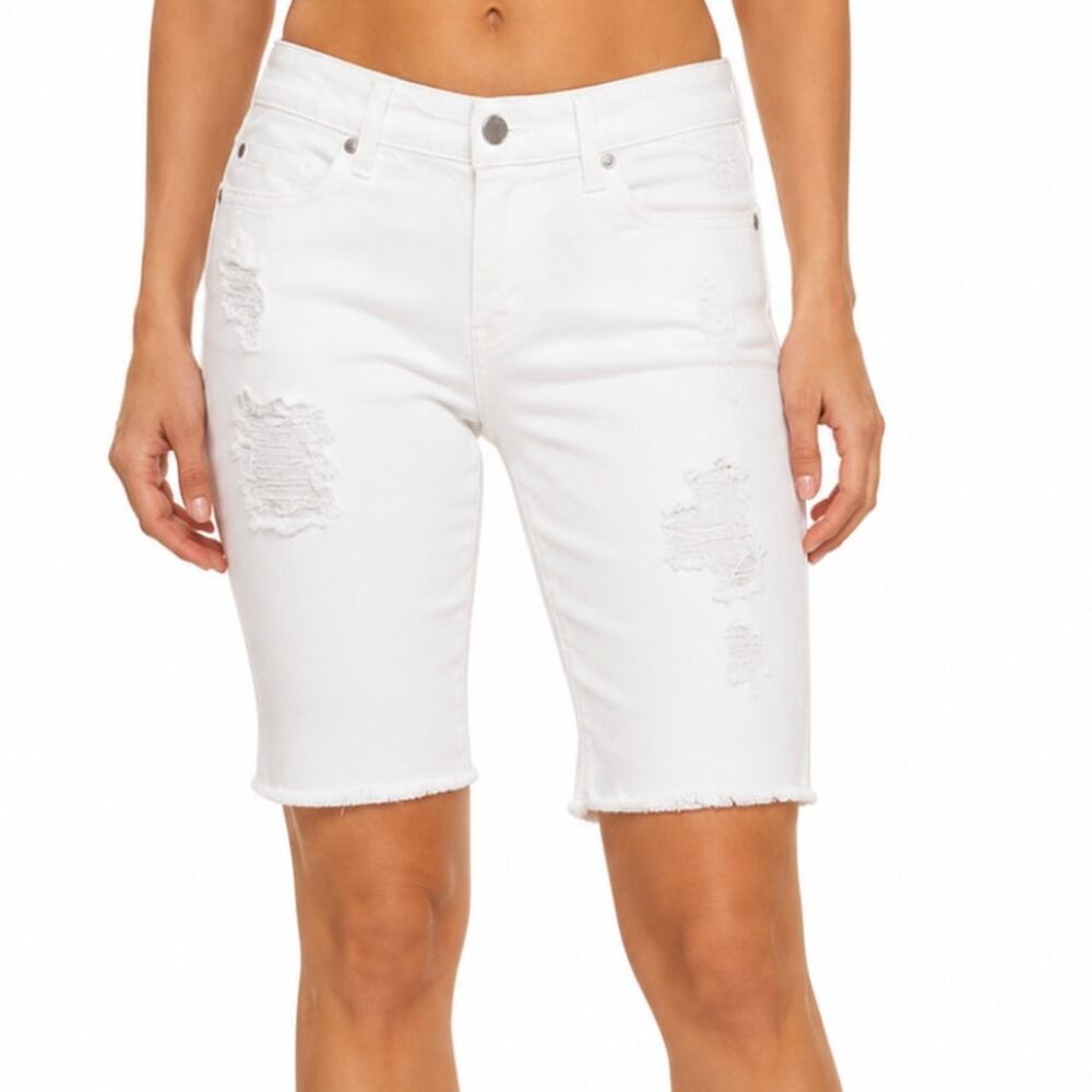 Liverpool The Cruiser White Distressed Bermuda Shorts Size 6 Raw Hem Denim